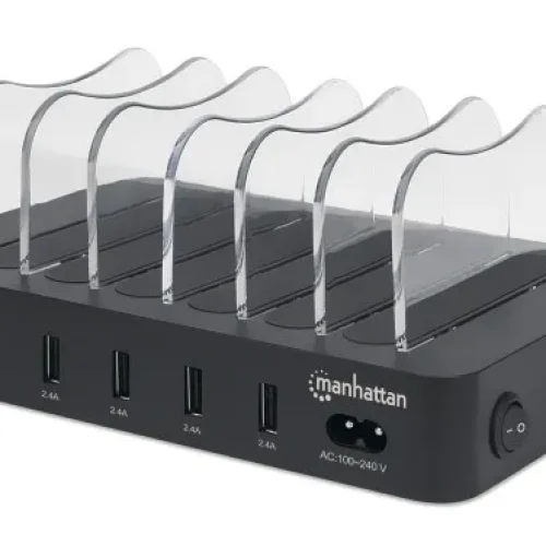 USB punjač 6-port Manhattan 102254 5V/2.4V/50W/držač za telefon Crni